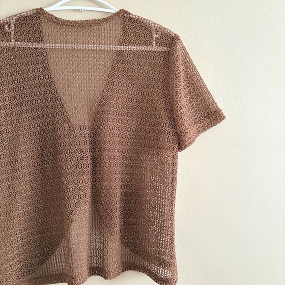 4/$10🎄Vintage Brown Crotchet Short Sleeve Tie Front Cardigan - Picture 10 of 13